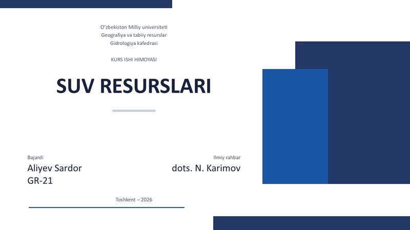 «Suv resurslari» — Kurs ishi himoyasi: titul varagʻi, «Kesim» shabloni